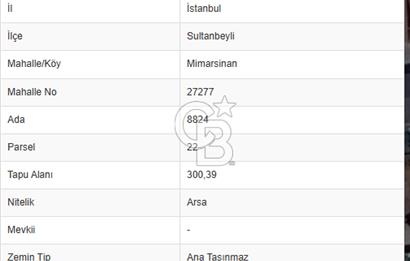 CB'DAN SULTANBEYLİ MİMAR SİNAN, 300M2 MÜSTAKİL İMARLI KONUT ARSA