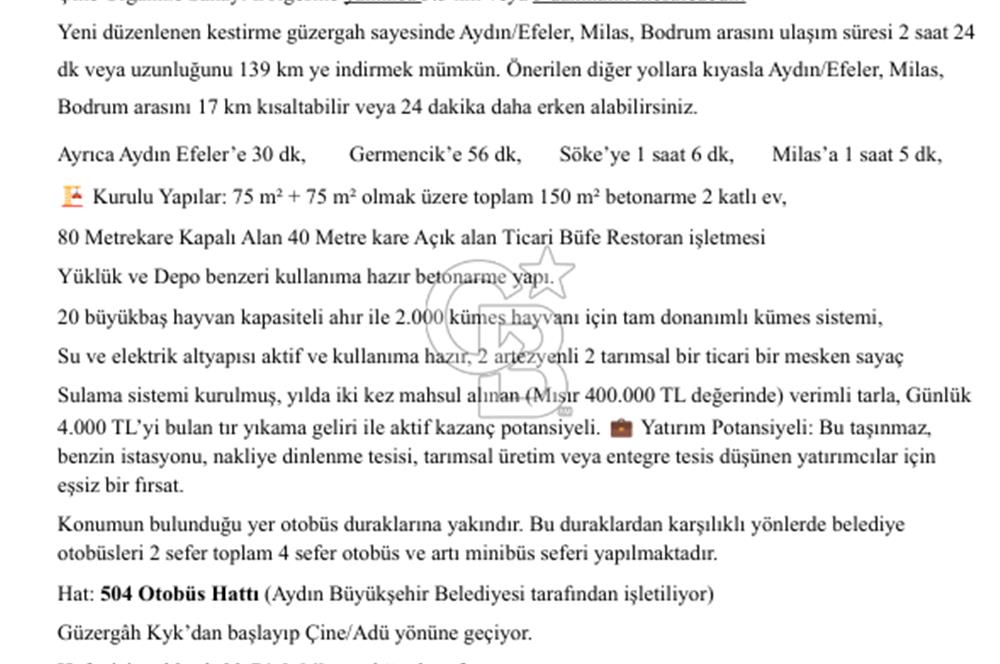 Aydın Çine Saraçlar'da Emsalsiz Konum Kurulu Düzen Ticari Yatırım Fırsatı