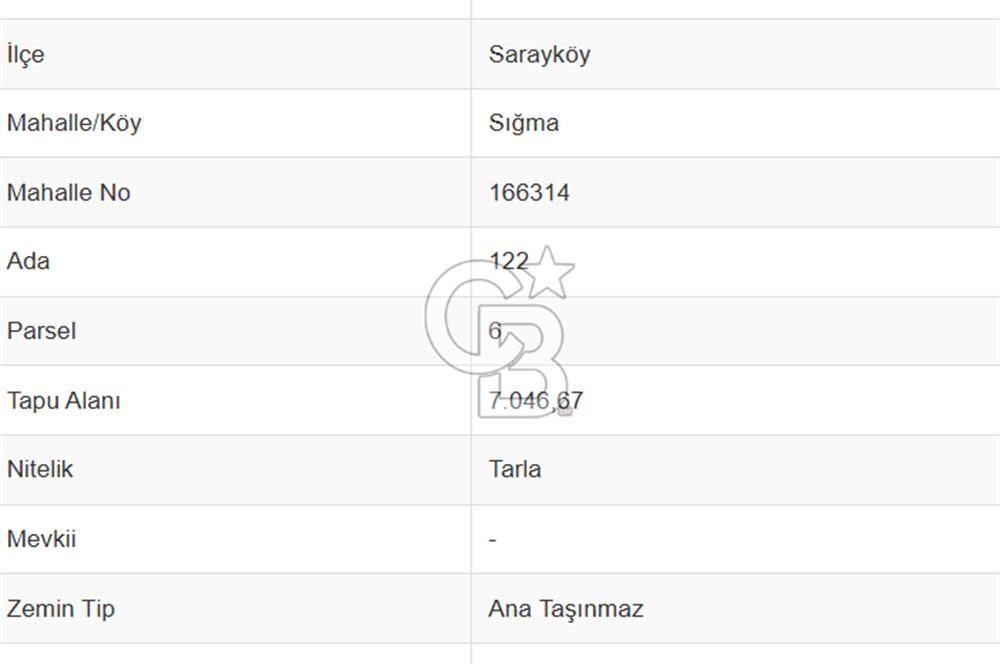 Sarayköy Sığma Mahallesi'nde 7.046 M² Satılık Tarla