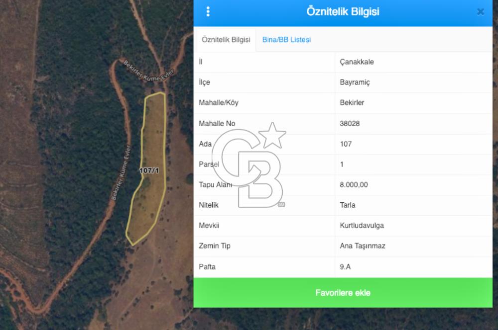 Çanakkale Bayramiç Bekirler Satılık Uygun Fiyatlı Araziler