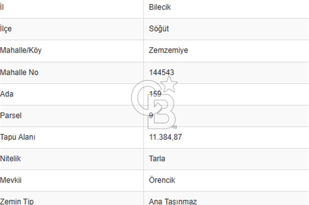 CB''DAN BİLECİK SÖĞÜT ZEMZEMİYE 11.380 M2 MÜSTAKİL SATILIK ARSA