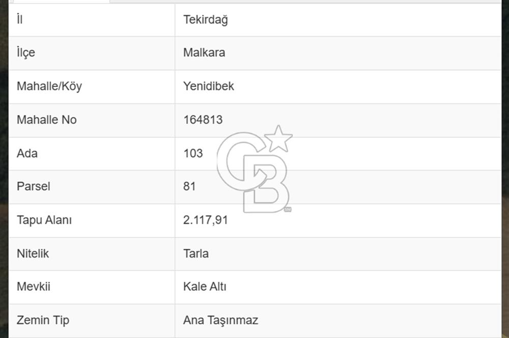 Tekirdağ Malkara Yenidibek Mahallesinde Yatırımlık Tarla 2117 m²