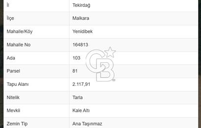 Tekirdağ Malkara Yenidibek Mahallesinde Yatırımlık Tarla 2117 m²
