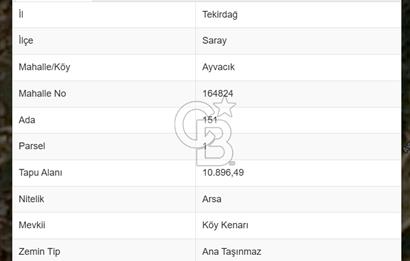 TEKİRDAĞ SARAY AYVACIK' TA 250 m² KÖY İÇİNDE İMARLI ARSA
