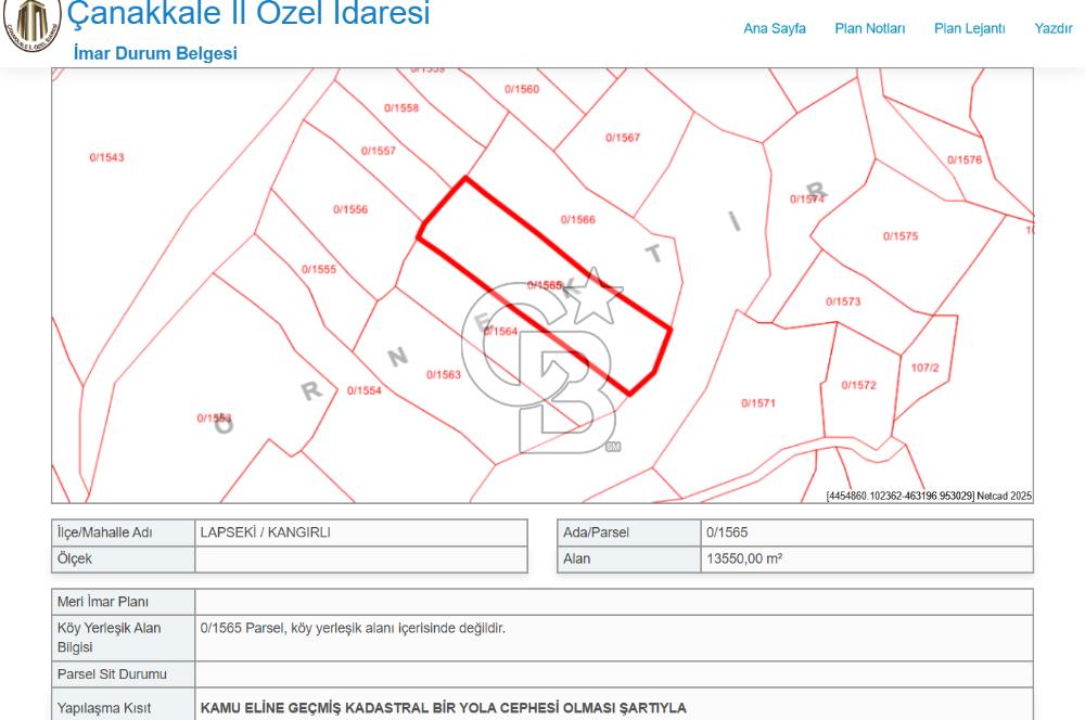 Çanakkale Kangırlı Deniz/Boğaz Manzaralı 13.550m2 Tarla