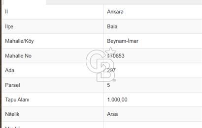 Ankara Bala Beynam'da 297 Ada, 5 Parsel 1.000 m² İmarlı Satılık Arsa