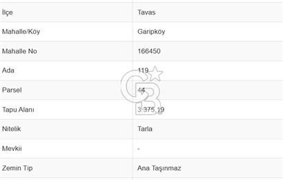 Tavas Garipköy Mah. 3.375 M² Satılık Tarla