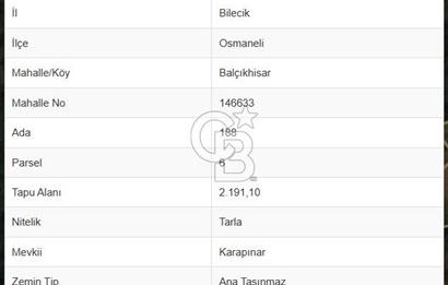 BİLECİK OSMANELİ BALIKÇIHİSAR KÖYÜNDE ETRAFI ÇEVRİLİ TARLA