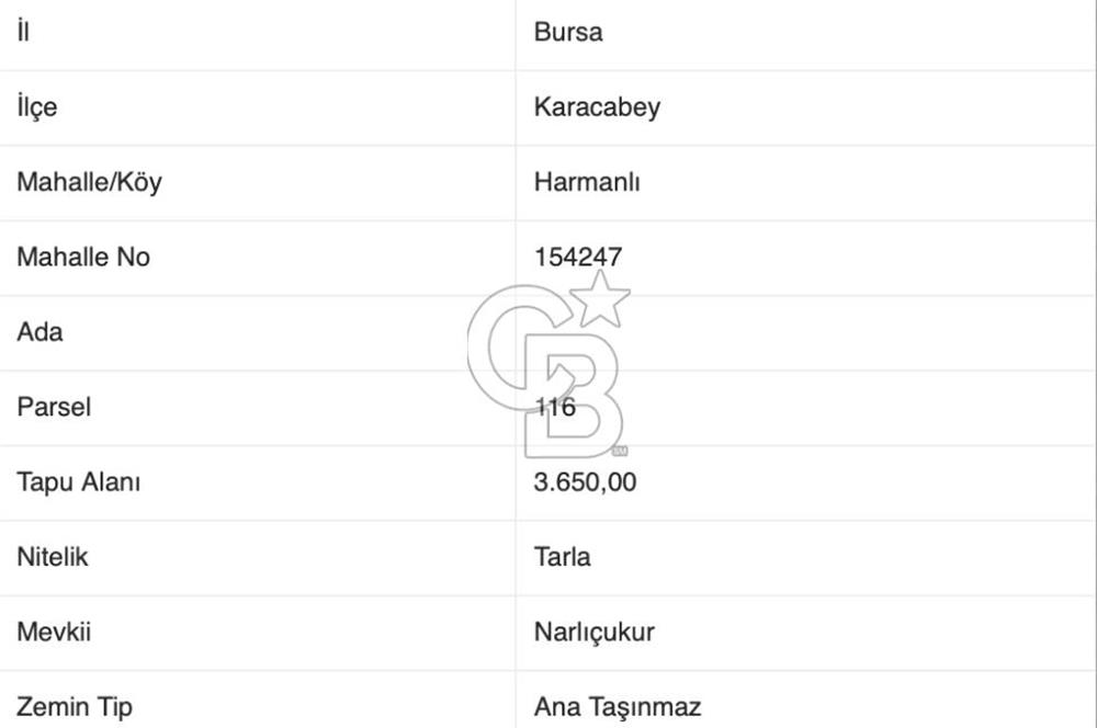 KARACABEY HARMANLI'DA 3650 M2 SATILIK TARLA