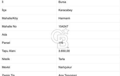 KARACABEY HARMANLI'DA 3650 M2 SATILIK TARLA