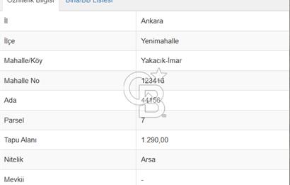 YENİMAHALLE YAKACIK MAH DAİRE GETİRİLİ TEK TAPU SATILIK ARSA