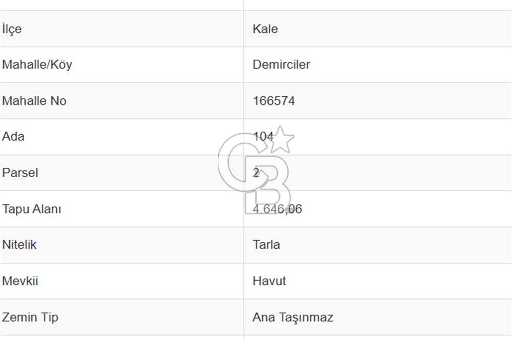 Kale Demirciler Mah. 4.646 M² Satılık Tarla