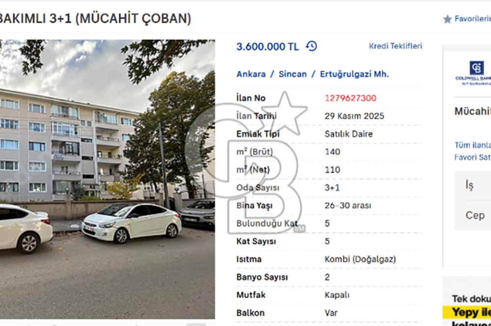 PINAR 91 SİTESİ 3+1 DAİRE 