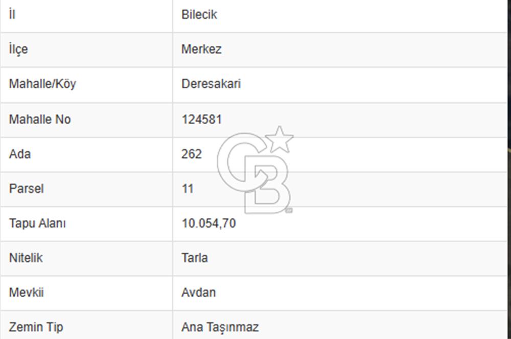 CB'DAN BİLECİK MERKEZ DERESAKKARI, 10 DÖNÜM SATILIK ARAZİ