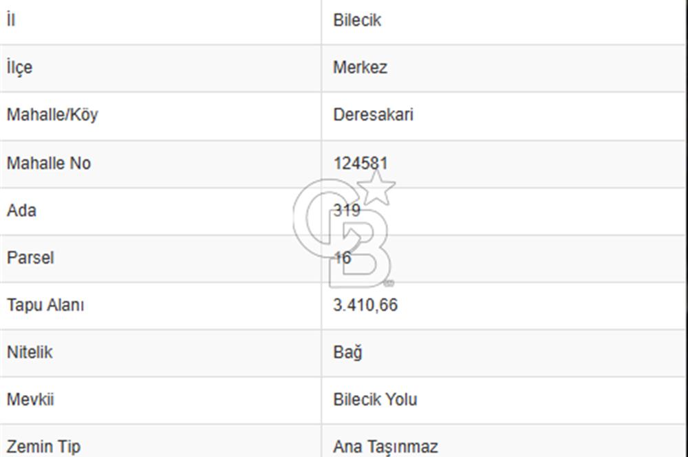 CB'DAN BİLECİK MERKEZ DERESAKARI, 3,400M2, MÜSTAKİL, SATILIK ARAZİ