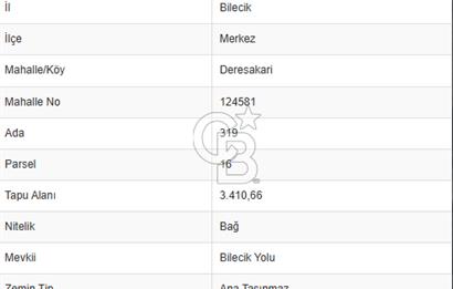 CB'DAN BİLECİK MERKEZ DERESAKARI, 3,400M2, MÜSTAKİL, SATILIK ARAZİ