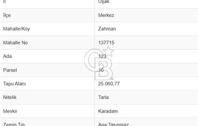 UŞAK MERKEZ, ZAHMAN KÖYÜNDE 25.060m² SATILIK TARLA