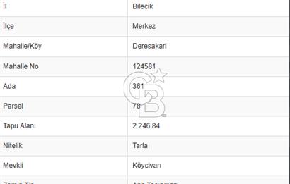 CB'DAN BİLECİK MERKEZ,DERESAKARI, 2.246,84 M2 , MÜSTAKİL ARAZİ