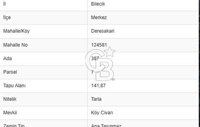 CB'DAN BİLECİK MERKEZ DERESAKARI, 142M2 MÜSTAKİL, KÖYİÇİ SATILIK ARAZİ