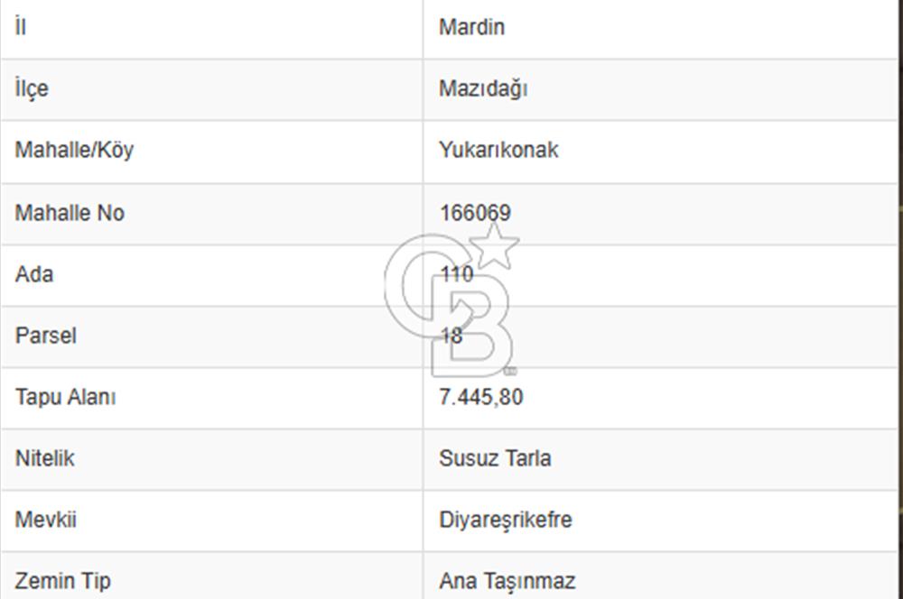Mardin Mazıdağı Yukarıkonak'ta 7,445 m2 Satılık TARLA