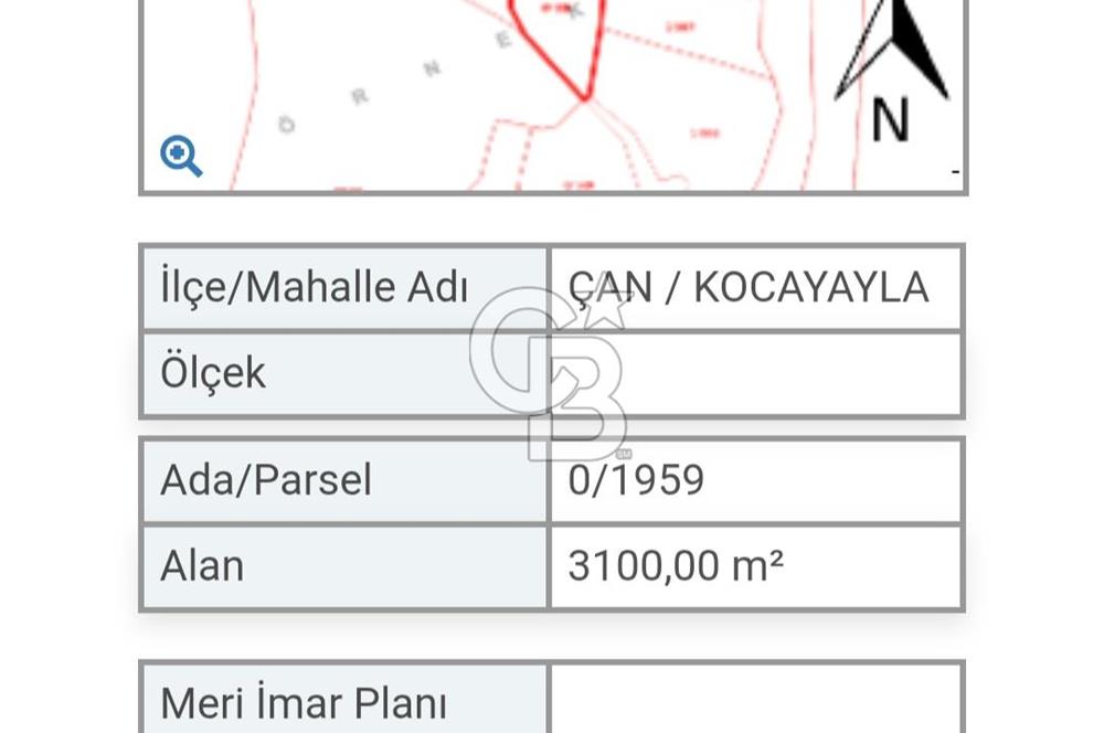 Çanakkale / Çan / Kocayayla Köyü 3.100 m² – Köy Yerleşimine Yakın – Yatırımlık Tarla