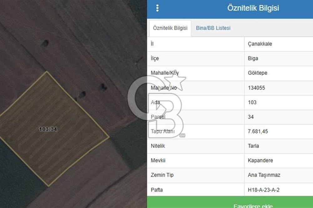 ÇANAKKALE BİGA GÖKTEPE'DE ANA YOLA YAKIN SATILIK TARLA