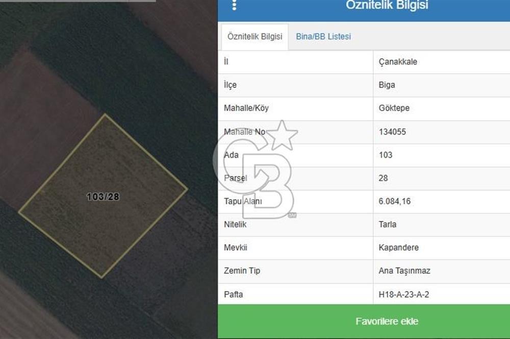ÇANAKKALE BİGA GÖKTEPE'DE ANA YOLA YAKIN SATILIK TARLA