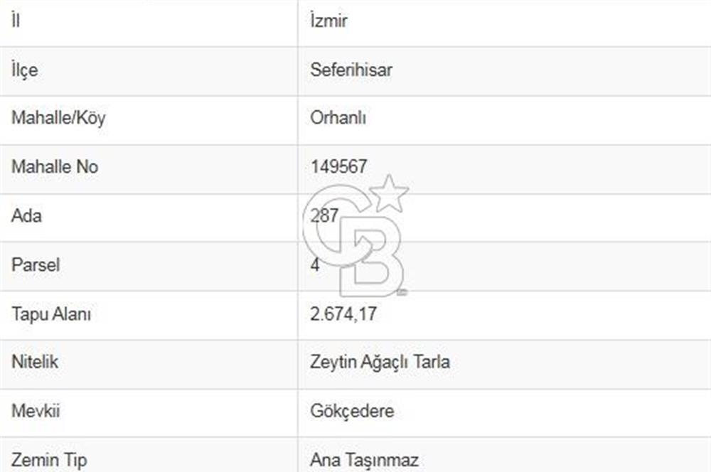 SEFERİHİSAR ORHANLIDA 2.674 m² ZEYTİN AĞAÇLI TARLA