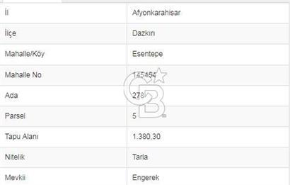 Afyon-Dazkırı Engerek Mevkinde Yola Yakın 1.380 m² Satılık Tarla