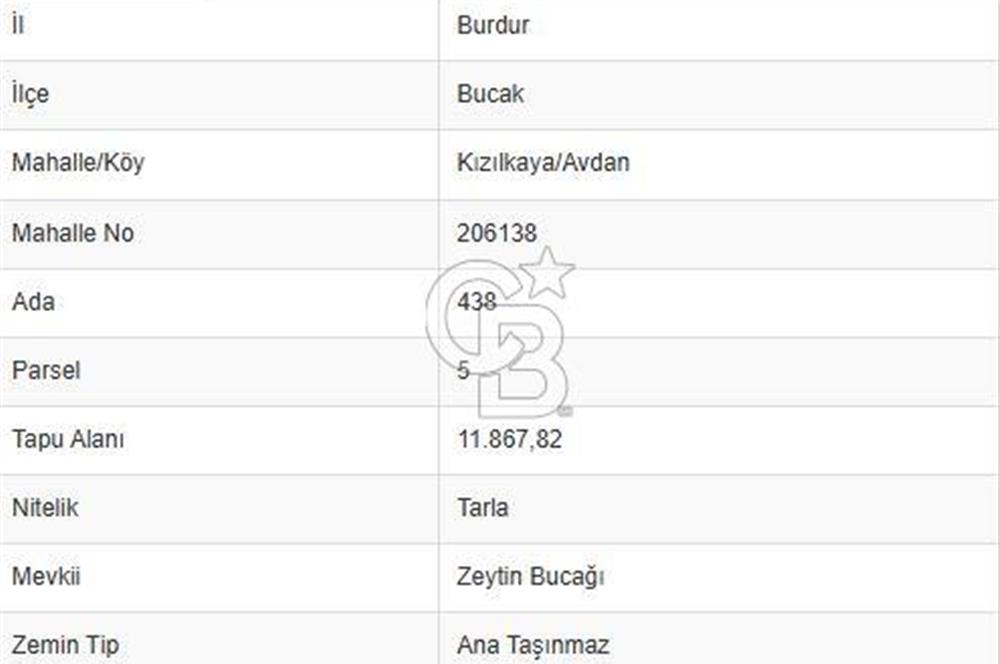 Bucak-Kızılkaya/Avdan 11.868 m2 Satılık Tarla