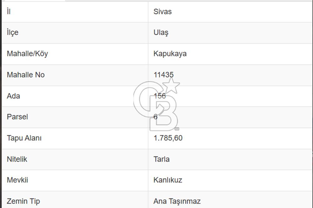 Sivas Ulaş Kapukayada Geleceğe Yatırım; Toplam 24.589 m² Tarla
