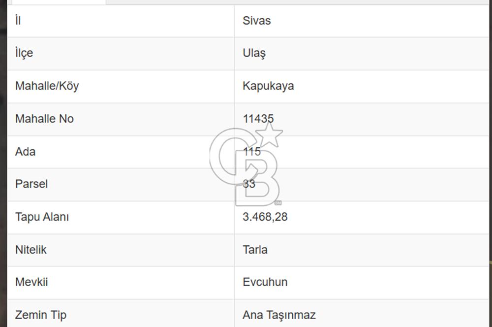 Sivas Ulaş Kapukayada Geleceğe Yatırım; Toplam 24.589 m² Tarla