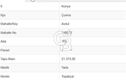 CB'DEN ÇUMRA AVDUL'DA 21.374 m² BADEM-CEVİZ BAHÇESİ SATILIK