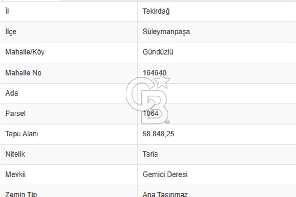 TEKİRDAĞ SÜLEYMANPAŞA GÜNDÜZLÜ 584M2 SATILIK ARAZİ