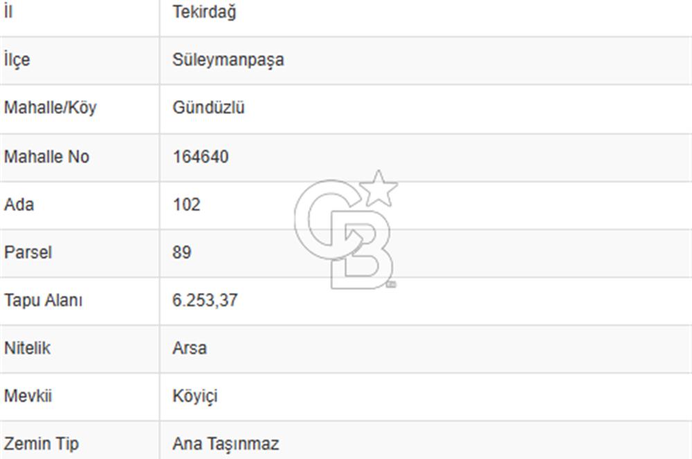 TEKİRDAĞ SÜLEYMANPAŞA GÜNDÜZLÜ 124M2 SATILIK ARAZİ