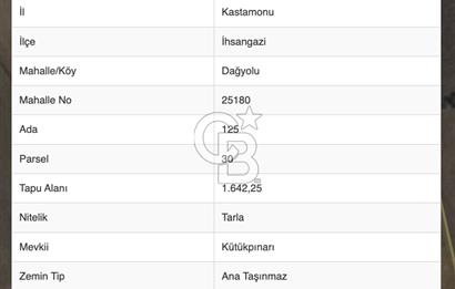 KASTAMONU İHSANGAZİ DAĞYOLU KÖYÜNDE 1642 M2 TARLA - YATIRIMLIK
