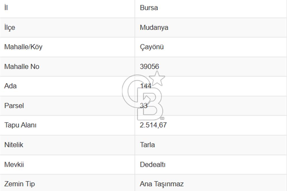 BURSA/MUDANYA/ÇAYÖNÜ TEKNOSAP YAKININDA SATILIK YATIRIMLIK TARLA