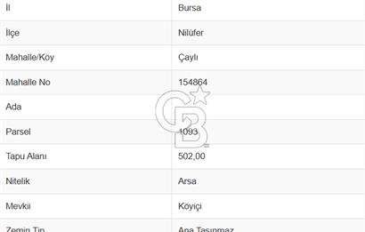 BURSA/NİLÜFER/ÇAYLI MH. KÖYİÇİN DE SATILIK İMARLI 502 M2 ARSA