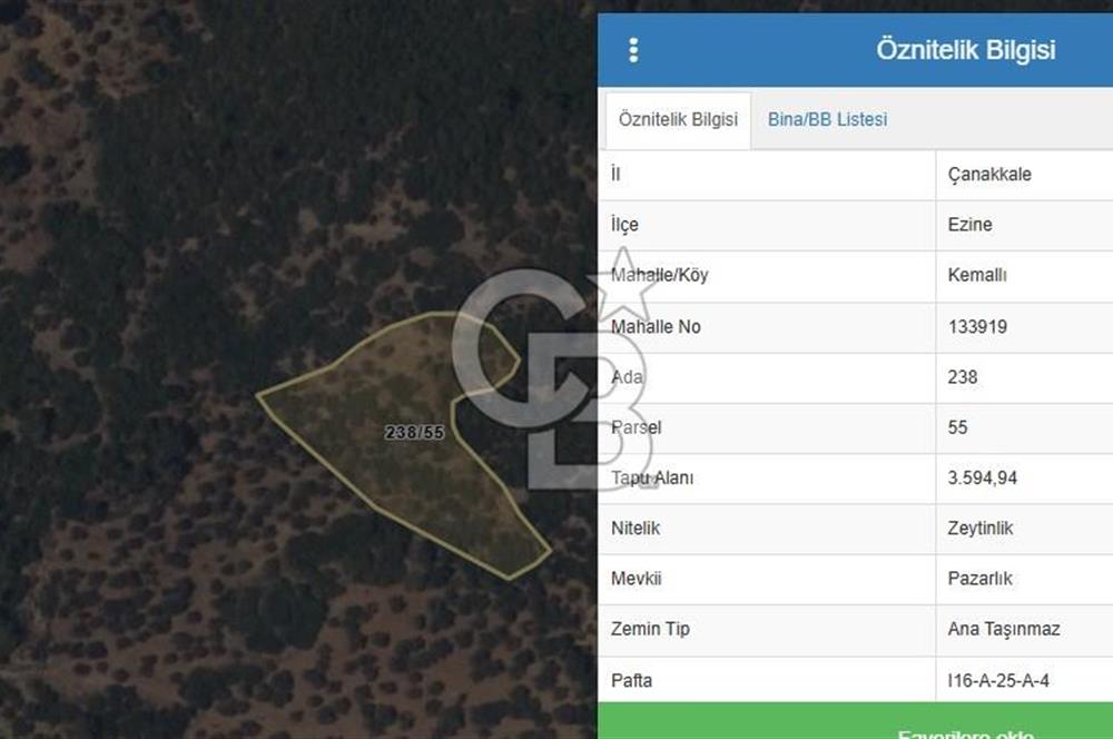 ÇANAKKALE EZİNE KEMALLI'DA SATILIK 3594 M2 ZEYTİNLİK