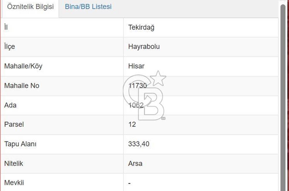 Hayrabolu Merkezde 333m2 3 kat imarlı Satılık Arsa