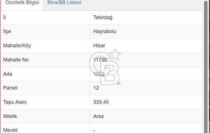 Hayrabolu Merkezde 333m2 3 kat imarlı Satılık Arsa