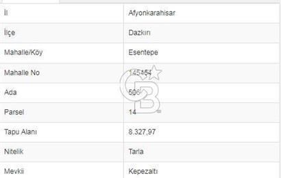 Afyon-Dazkırı Esentepe Mah.Kepezaltı Mevkiinde Ana Yola Yakın 8.327 m² Satılık Tarla
