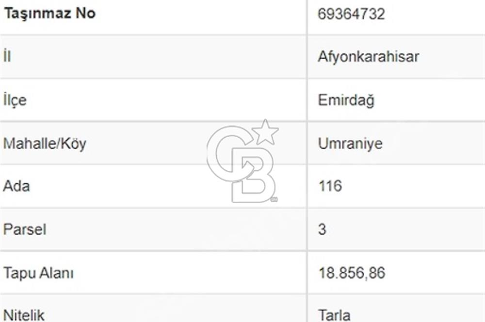 EMİRDAĞ ÜMRANİYEDE ANAYOLA 2. PARSEL 18 DÖNÜM ARAZİ