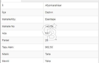 Afyon-Dazkırı Esentepe Mah.Yaka Mevkiinde 962 m² Satılık Tarla