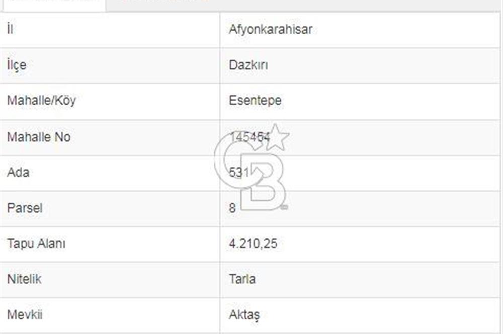 Afyon-Dazkırı Esentepe Mah.Aktaş Mevkiinde 4.210 m² Satılık Tarla