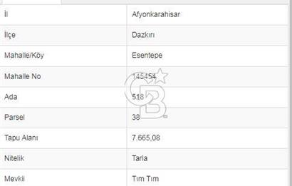 Afyon-Dazkırı Esentepe Mah.Tim Tim Mevkiinde 7.665 m² Fırsat Satılık Tarla