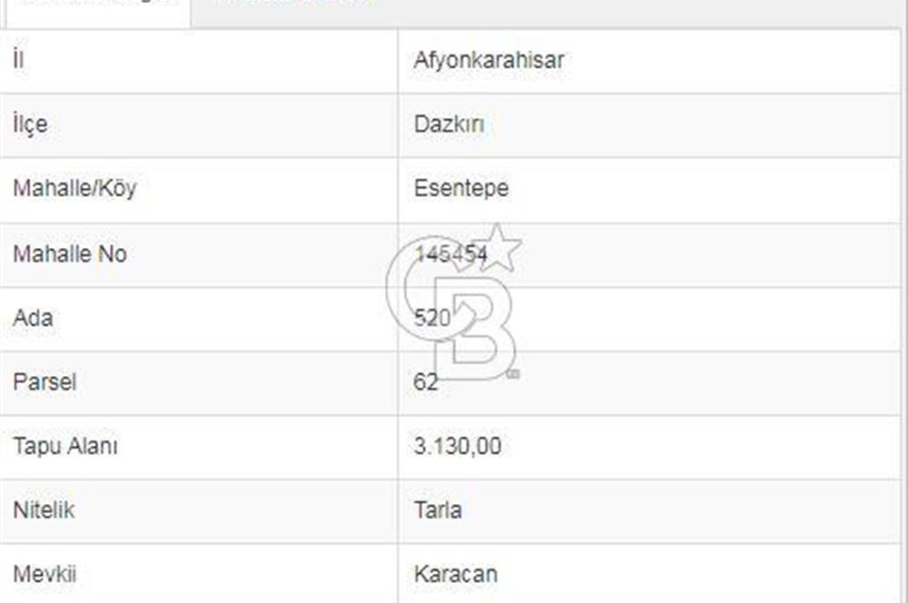 Afyon-Dazkırı Esentepe Mah.Karacan Mevkiinde 3.130 m² Satılık Tarla