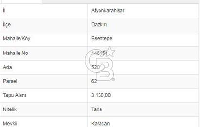 Afyon-Dazkırı Esentepe Mah.Karacan Mevkiinde 3.130 m² Satılık Tarla