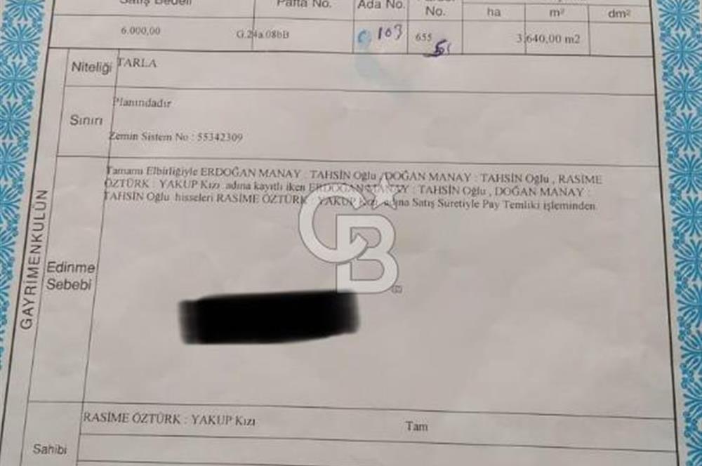 KANDIRA ELMACIK'TA 3640 M2 SATILIK TARLA CB TOWER