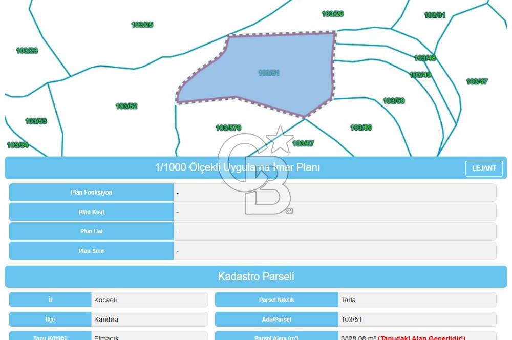 KANDIRA ELMACIK'TA 3640 M2 SATILIK TARLA CB TOWER